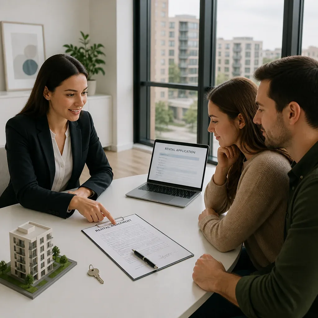 Advisor reviewing apartment sale documents with client